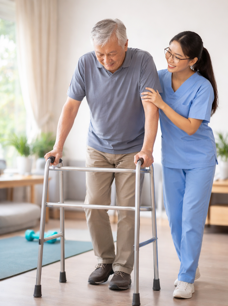 Caregiving with focus on carrying out exercises to aid with achieving recovery goals